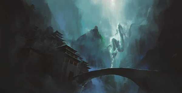 Oriental dragon hovering among canyon buildings, 3d illustration.