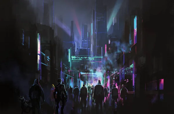 Calle Futurista Ciudad Del Estilo Del Cyberpunk Ilustración —  Fotos de Stock