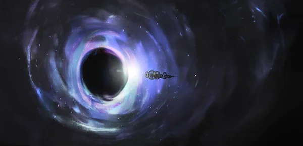 Kara Deliğin Yanındaki Uzay Gemisi Boyutlu Resimleme — Stok fotoğraf