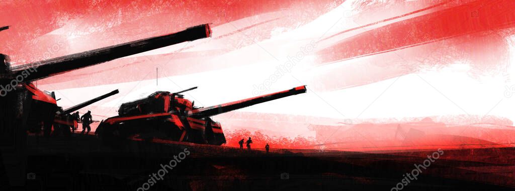War scene with tanks, digital painting.