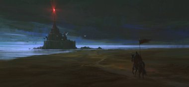 The fallen knight returns to the dark castle, 3D illustration.
