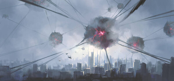 Terrifying alien virus has taken over the human city, 3D illustration.