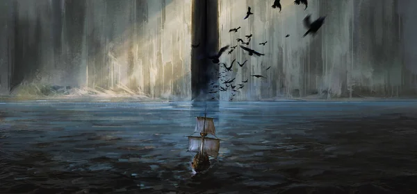 Ein Segelboot Läuft Vor Einer Felsspalte Illustration — Stockfoto