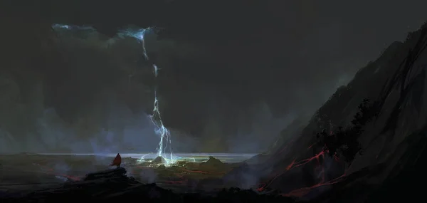 Человек Красном Плаще Стоящий Скале Наблюдая Молния Ударяет Землю Иллюстрация — стоковое фото