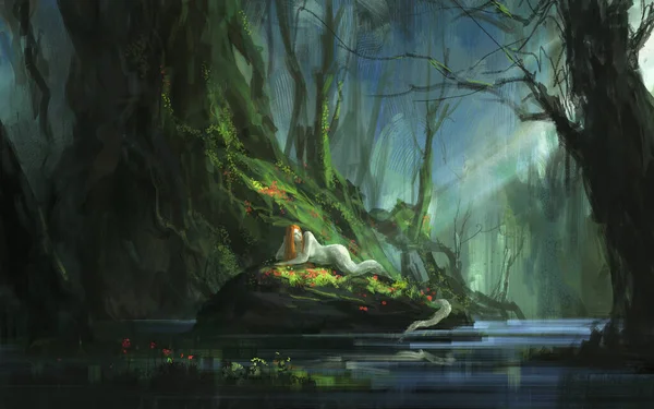 精灵躺在丛林中的石头上 3D插图 — 图库照片