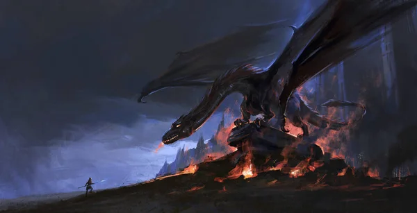 Kampf Gegen Den Feuerspeienden Drachen Allein Illustration — Stockfoto