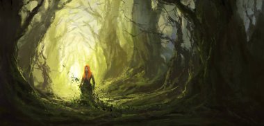 İlkel ormandaki Dryad, 3 boyutlu illüstrasyon.