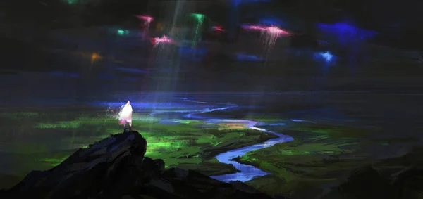 Фантастическая Сцена Красочными Лучами Света Неба Иллюстрация — стоковое фото
