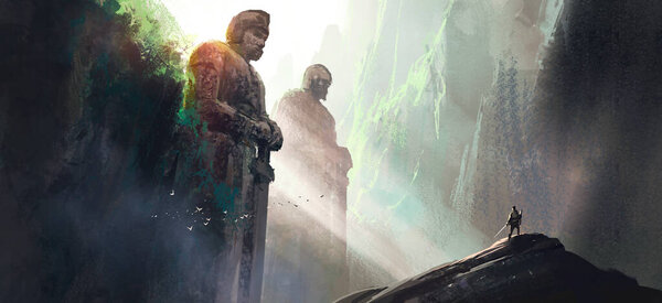 Challenger, стоящий перед огромной каменной статуей, 3d иллюстрация.