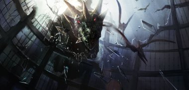 Dinosaur breaking through the dome, 3D illustration.