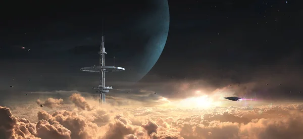 Görkemli merdiven gökyüzüne yükseliyor, 3 boyutlu resimleme.