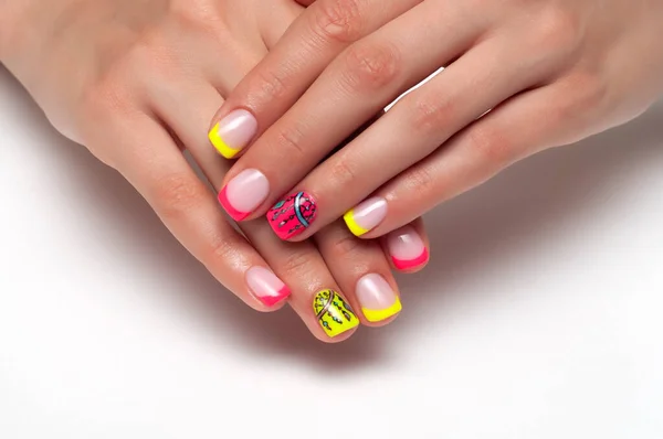 Bright Summer Nail Design French Colored Yellow Coral Manicure Short — Stock Photo, Image