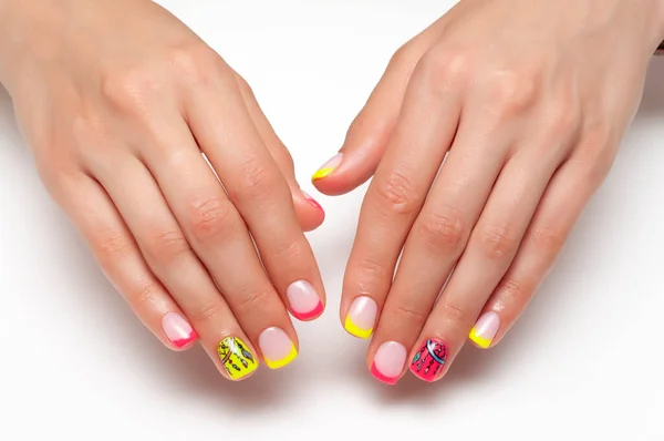Bright Summer Nail Design French Colored Yellow Coral Manicure Short — Stock Photo, Image