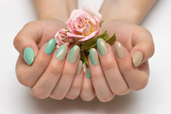 Beige Minty Groene Ombery Manicure Lange Ovale Nagels Met Roos — Stockfoto