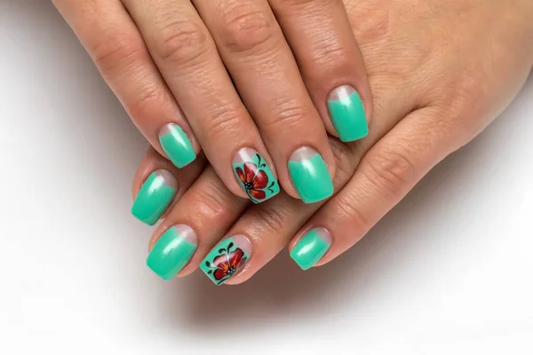 Mint Lime Green Moon Manicure Red Painted Poppies Long Square — Stock Photo, Image