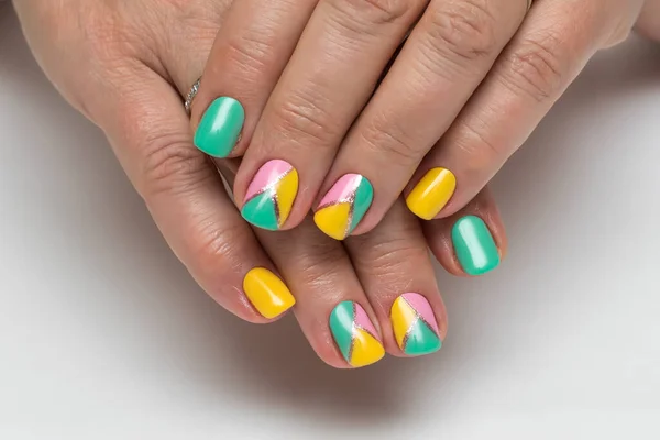 Yellow Pink Green Mint Manicure Silver Strip Square Nails — Stock Photo, Image