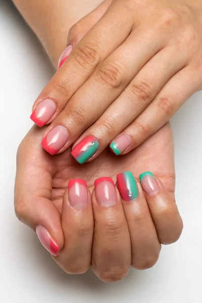 French Red Pink Mint Green Manicure Con Cristalli Unghie Lunghe — Foto Stock