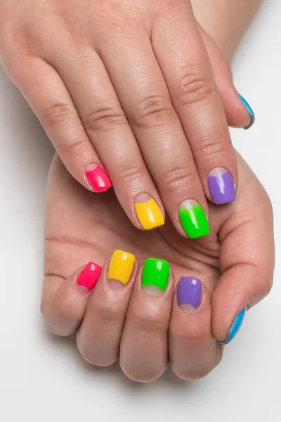 Festive Blue Purple Light Green Green Yellow Pink Manicure Short — Stock Photo, Image