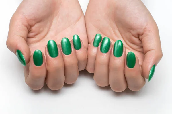 Manicure Occhio Gatto Verde Lungo Ovale Unghie Affilate — Foto Stock