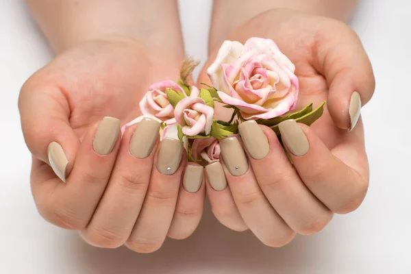 Zarte Beige Maniküre Mit Purpurroten Und Rosa Rosen — Stockfoto