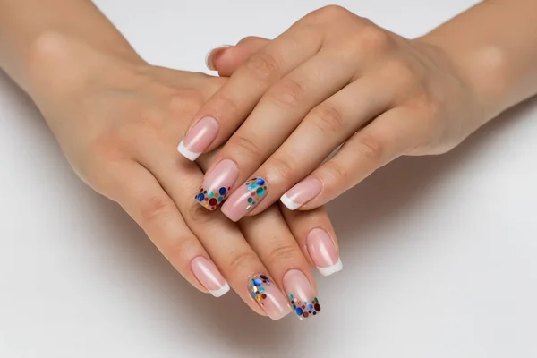 Bruiloft Franse Witte Manicure Met Glitters Confetti Lange Vierkante Nagels — Stockfoto