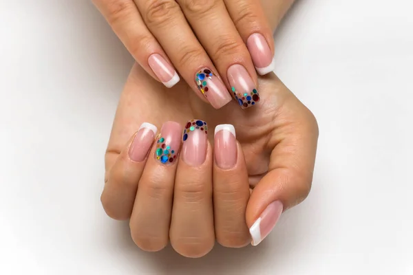 Bruiloft Franse Witte Manicure Met Glitters Confetti Lange Vierkante Nagels — Stockfoto