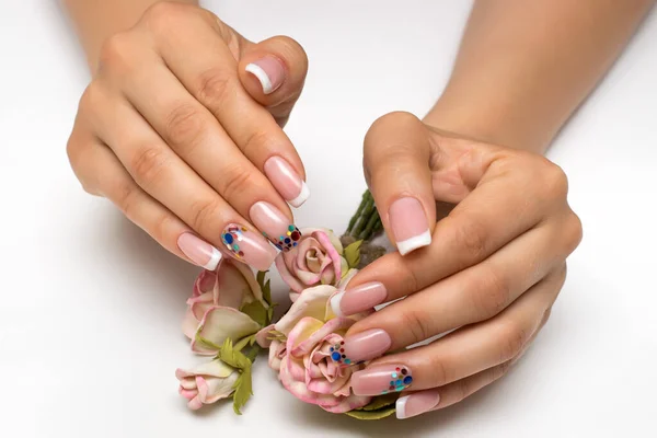 Bruiloft Franse Witte Manicure Met Glitters Confetti Lange Vierkante Nagels — Stockfoto