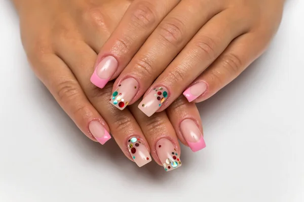 Bruiloft Franse Zachtroze Manicure Met Glitters Confetti Lange Vierkante Nagels — Stockfoto