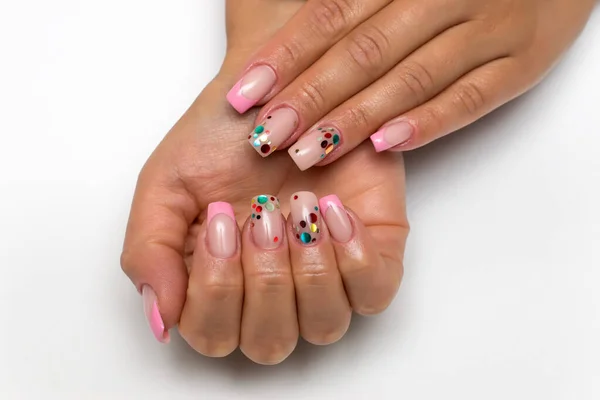 Bruiloft Franse Zachtroze Manicure Met Glitters Confetti Lange Vierkante Nagels — Stockfoto