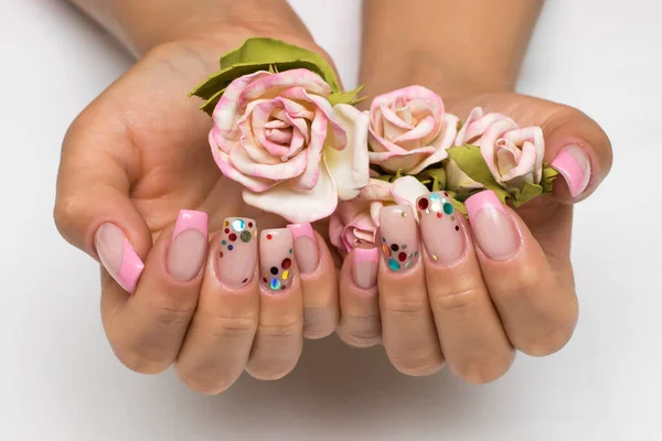 Mariage Manucure Blanche Française Avec Des Étincelles Confettis Sur Longs — Photo