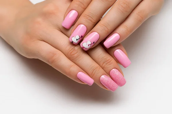 Gently Pink Manicure Sparkles Painted Hearts Arrows Square Long Nails — Stock Photo, Image