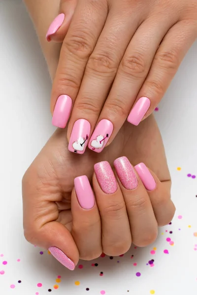 Gently Pink Manicure Sparkles Painted Hearts Arrows Square Long Nails — Stock Photo, Image