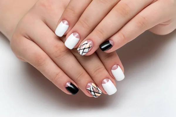 Summer White Black Manicure Thin Stripes Design Sequins Geometry Square — Stock Photo, Image