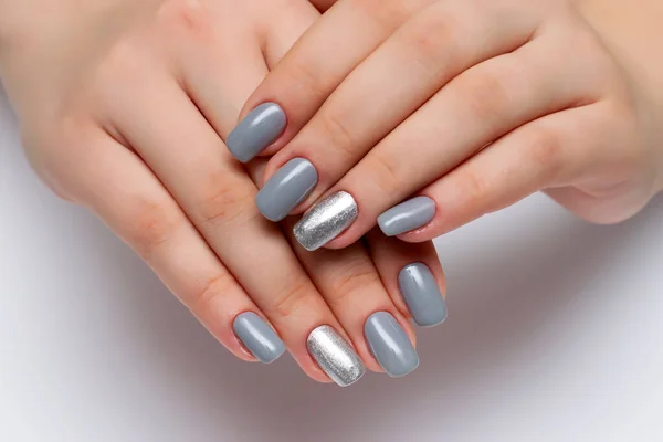 Gray Manicure Silver Sequins Ring Fingers Square Long Nails Close — Stock Photo, Image