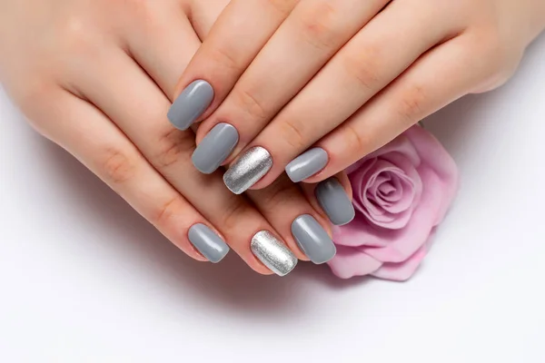 Gray Manicure Silver Sequins Ring Fingers Square Long Nails Close — Stock Photo, Image