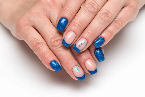 Blauwe Franse Manicure Met Blauwe Glitters Lange Vierkante Nagels Met — Stockfoto