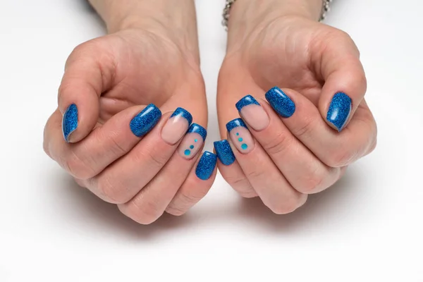 Manicure Francês Azul Com Brilhos Azuis Pregos Quadrados Longos Com — Fotografia de Stock