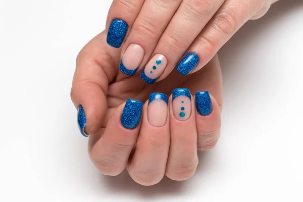 Blauwe Franse Manicure Met Blauwe Glitters Lange Vierkante Nagels Met — Stockfoto