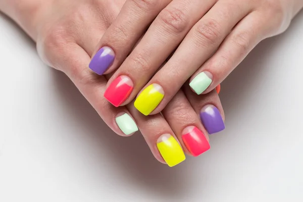 Bright Summer Rainbow Moon Manicure Red Yellow Mint Lilac Pink — Stock Photo, Image