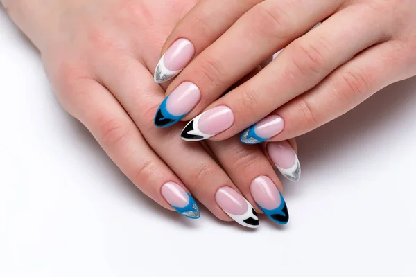 Multicolored French Manicure Long Sharp Nails Close White Background Blue — Stock Photo, Image