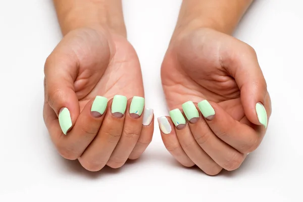 Pastel Mint Moon Manicure Square Short Nails Crystals Nameless Fingers — Stock Photo, Image