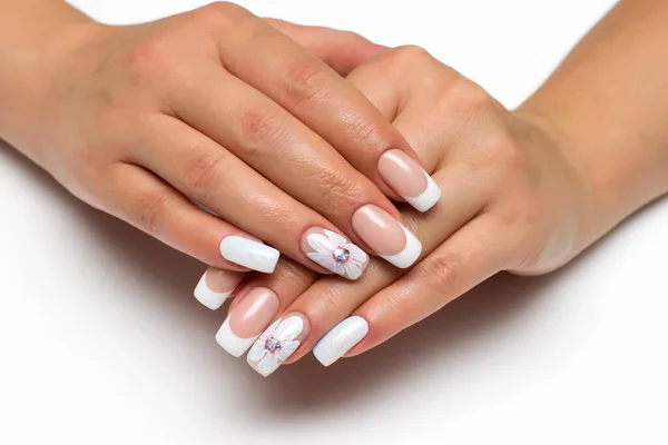 Bruiloft Franse Witte Manicure Met Wit Geschilderde Bloem Een Witte — Stockfoto