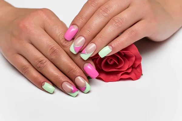 Summer Mint Pink Manicure Silver Stripes Long Square Tanned Hands — Stock Photo, Image