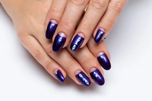 Dark Blue Nacre Manicure Crystals Long Oval Nails Close White — Stock Photo, Image