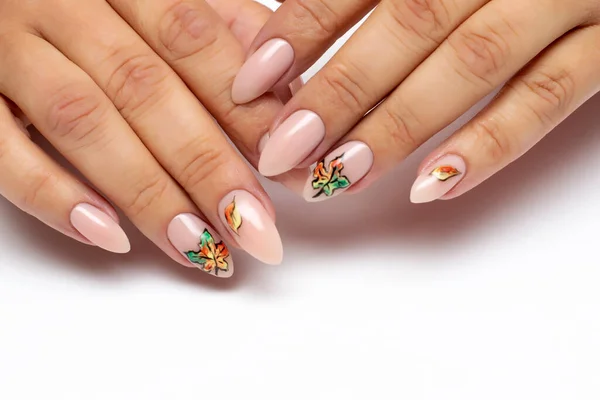 Autumn gel nail design. Nude manicure with painted maple leaves on long almond, oval nails close-up on a white background.