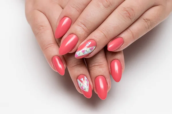 Koraal Roze Oranje Manicure Met Kristallen Een Ruit Geschilderd Lange — Stockfoto