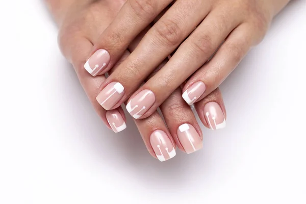 Wedding french manicure on short square nails. Classic white manicure.