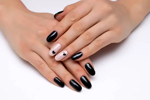 Black Beige Manicure Black Hearts Short Oval Nails Close White — Stock Photo, Image