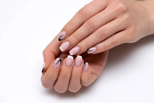 French Black Manicure Bianca Con Righe Puntini Argento Lunghe Unghie — Foto Stock