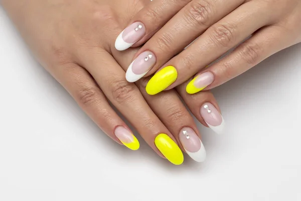 Gel Bright Yellow White Manicure Rhinestones Sparkles Long Oval Nails — Stock Photo, Image